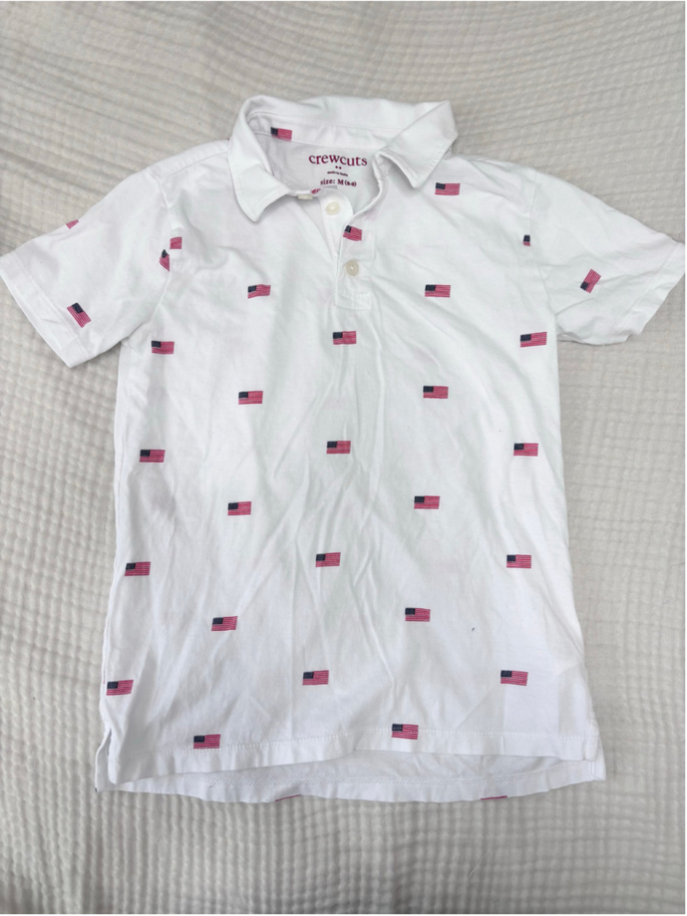 Boys Crewcuts Polo Shirt Size M (8) White with American Flag Print Cotton